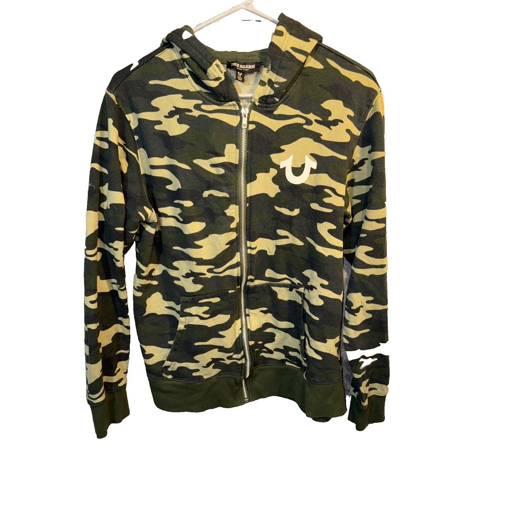True Religion Men's Size Large Green Camo Full Zip hooded Fleece Jacket #105993